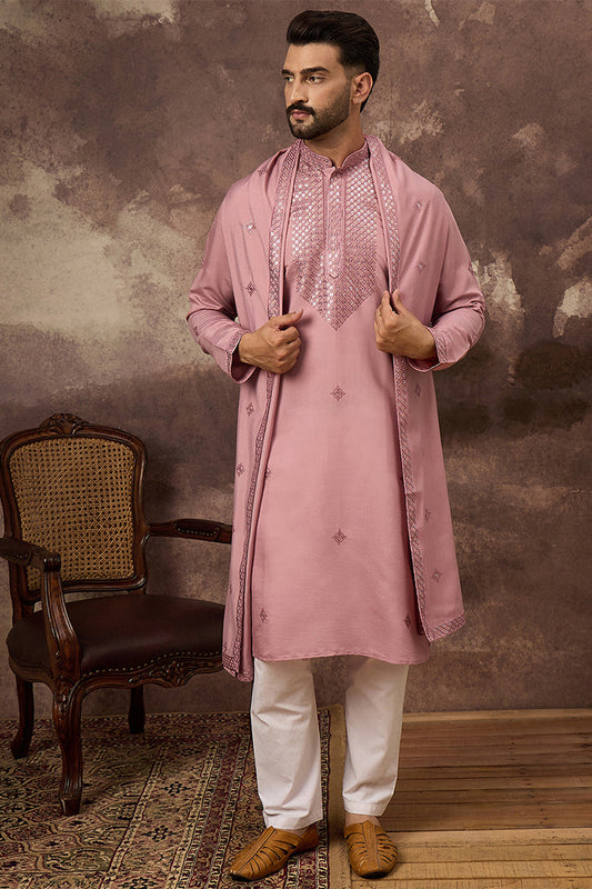 Pink Silk Blend Embroidered Straight Kurta Trouser with Dupatta MKPD1003