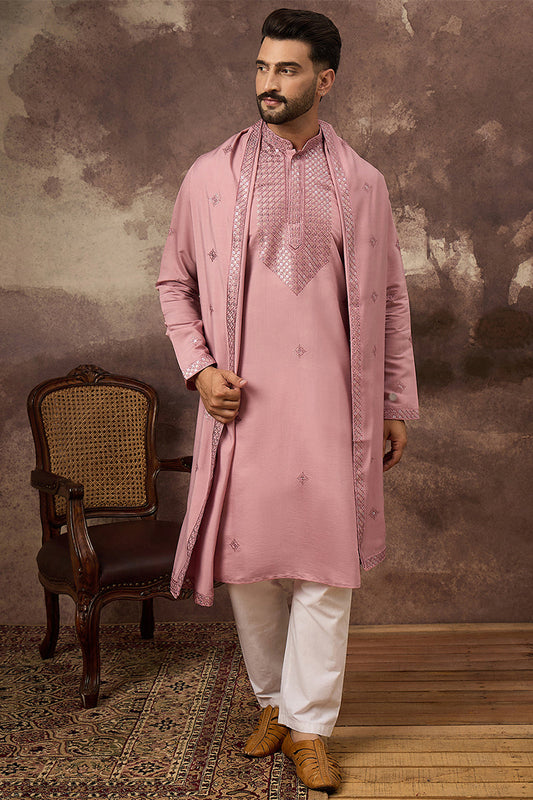 Pink Silk Blend Solid Embroidered Straight Kurta with Dupatta MKUD1003