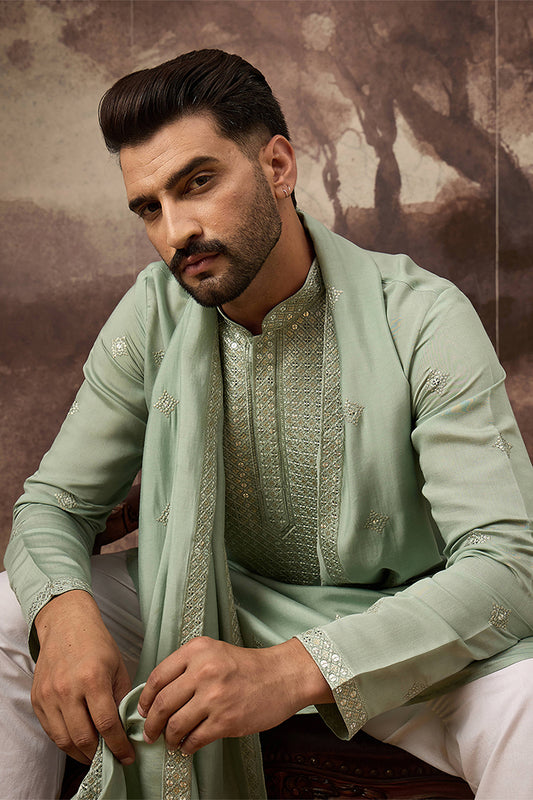 Green Silk Blend Solid Embroidered Straight Kurta with Dupatta MKUD1004