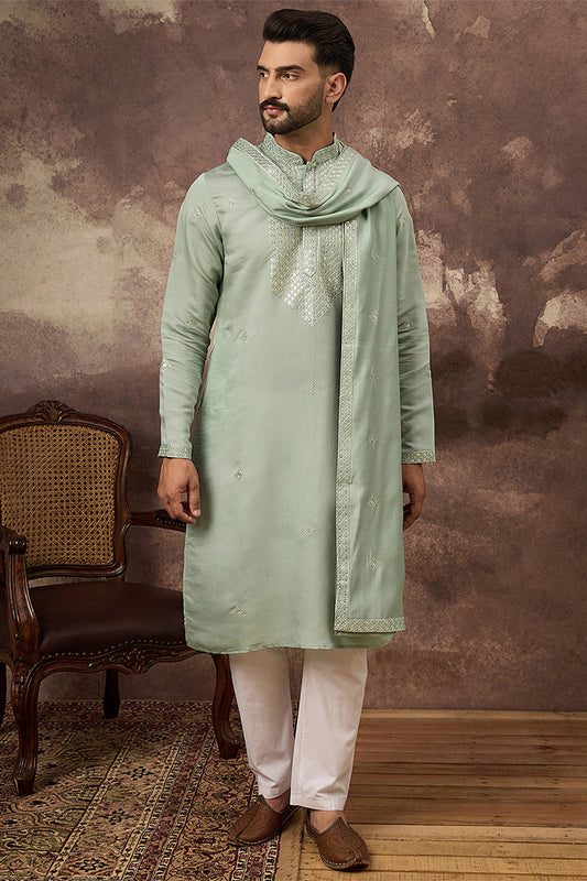 Green Silk Blend Solid Embroidered Straight Kurta with Dupatta MKUD1004