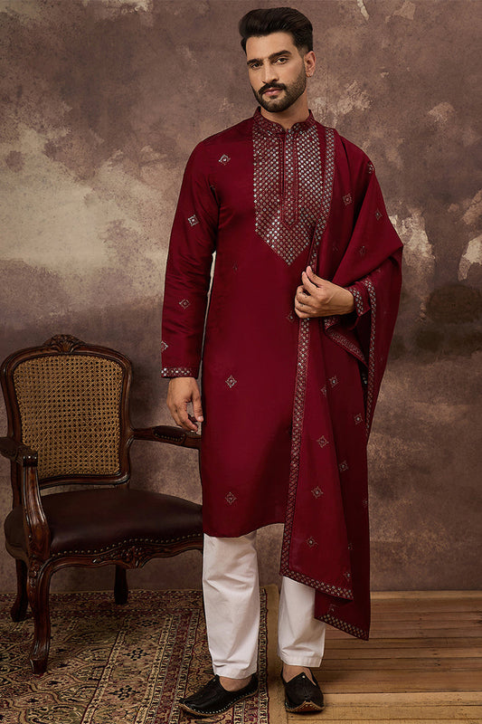Maroon Silk Blend Embroidered Straight Kurta Trouser with Dupatta MKPD1005