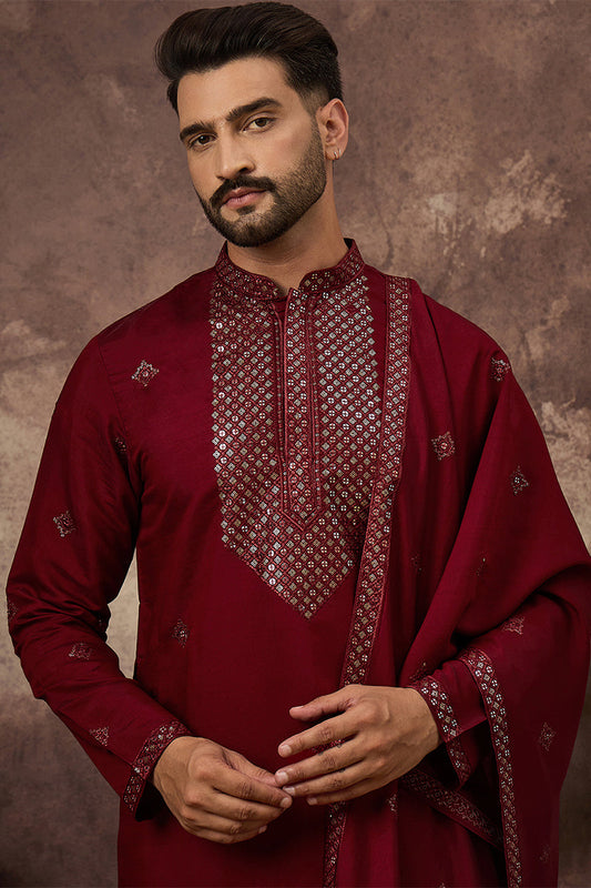 Maroon Silk Blend Solid Embroidered Straight Kurta with Dupatta MKUD1005