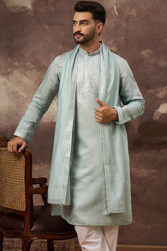Blue Silk Blend Embroidered Straight Kurta Trouser with Dupatta MKPD1007