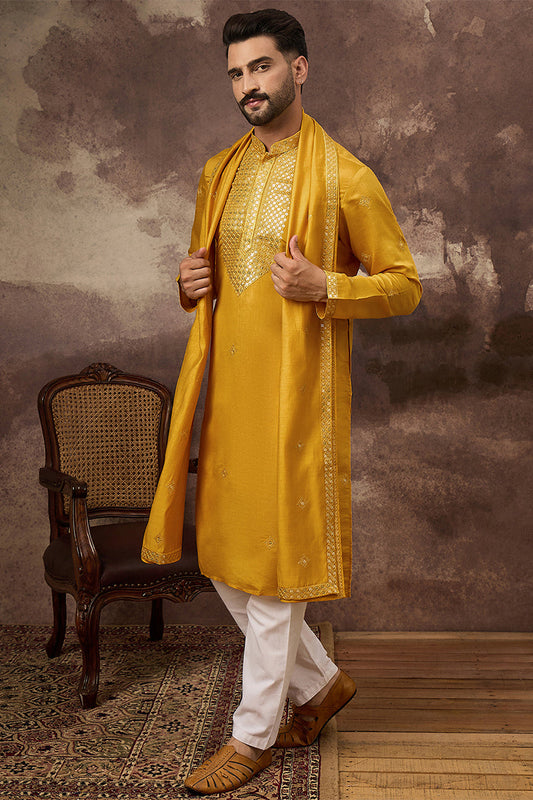 Yellow Silk Blend Solid Embroidered Straight Kurta with Dupatta MKUD1008