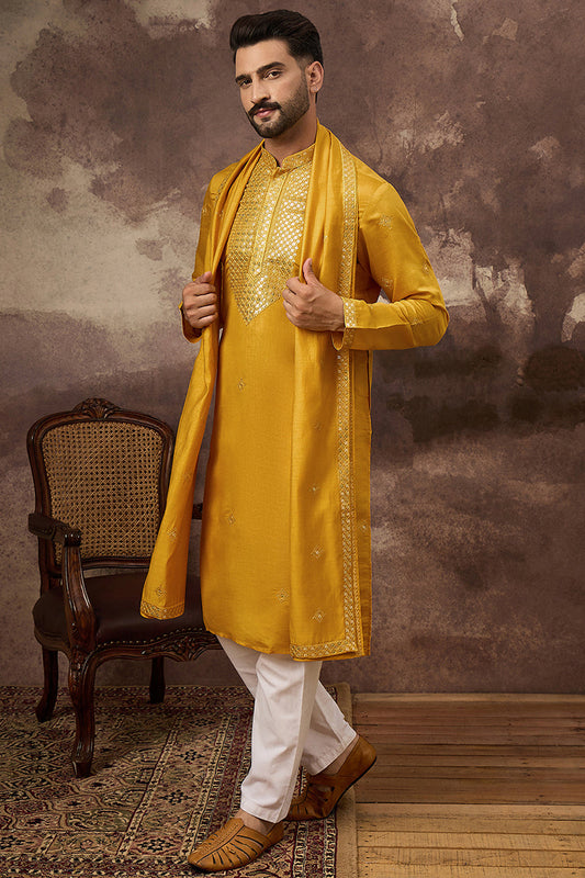 Yellow Silk Blend Embroidered Straight Kurta Trouser with Dupatta MKPD1008