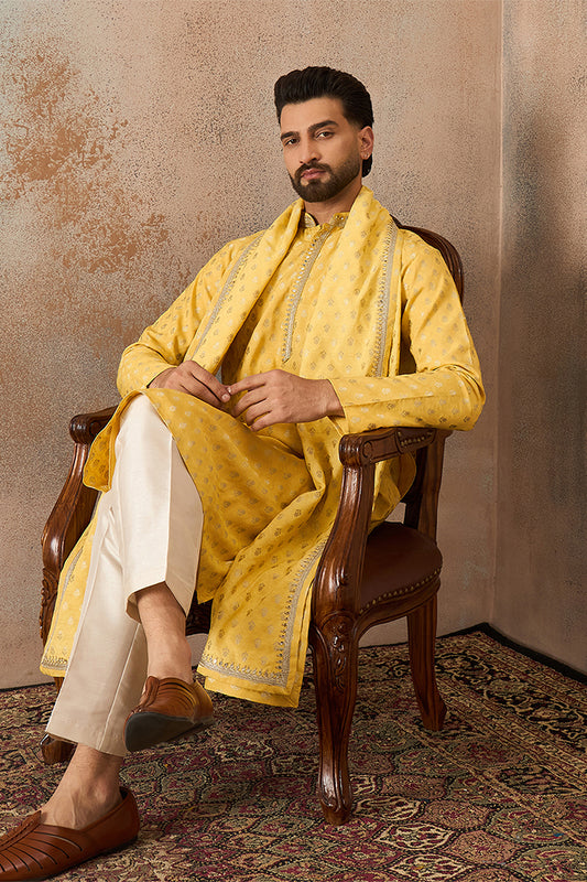 Ethnic Bay Men Yellow Jacquard Woven Design Floral Straight Kurta Sets MKPD1016
