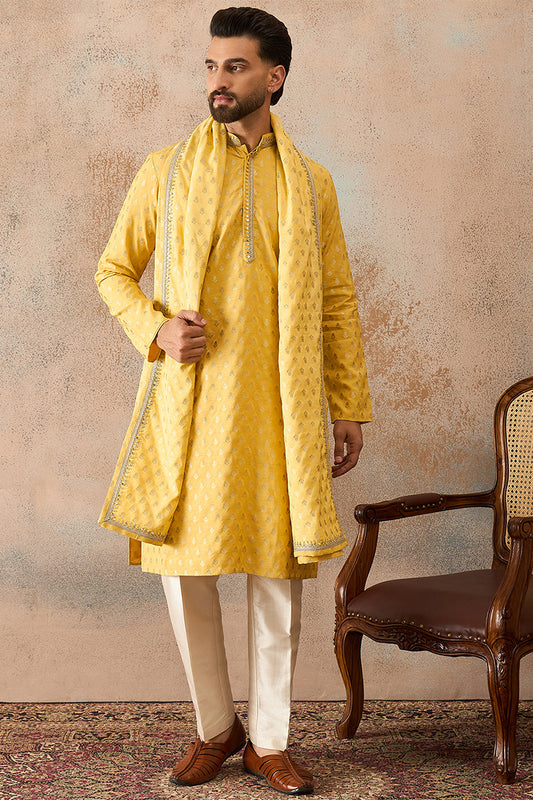 Ethnic Bay Men Yellow Jacquard Woven Design Floral Straight Kurta with Dupatta MKUD1016