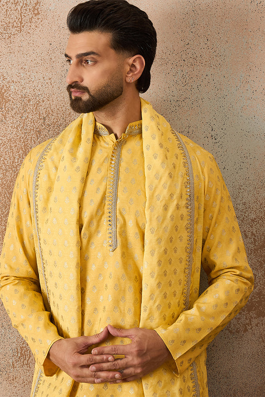 Ethnic Bay Men Yellow Jacquard Woven Design Floral Straight Kurta Sets MKPD1016