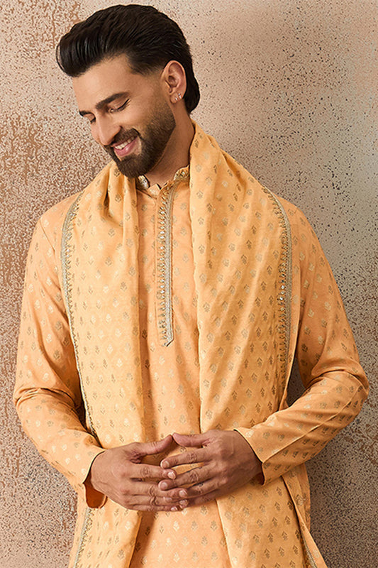 Ethnic Bay Men Peach Jacquard Woven Design Floral Straight Kurta Sets MKPD1017