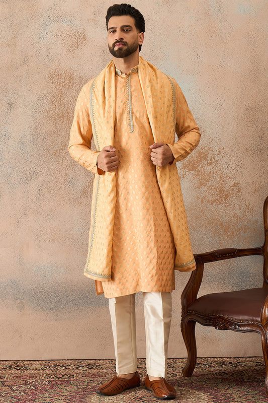 Ethnic Bay Men Peach Jacquard Woven Design Floral Straight Kurta with Dupatta MKUD1017