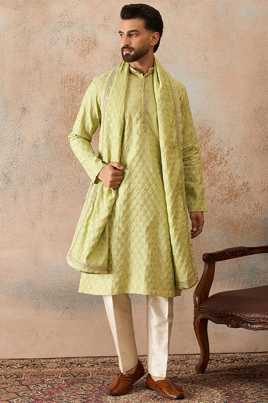 Ethnic Bay Men Green Jacquard Woven Design Floral Straight Kurta Sets MKPD1018