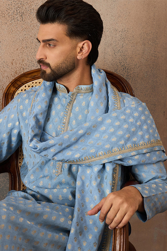 Ethnic Bay Men Blue Jacquard Woven Design Floral Straight Kurta with Dupatta MKUD1019