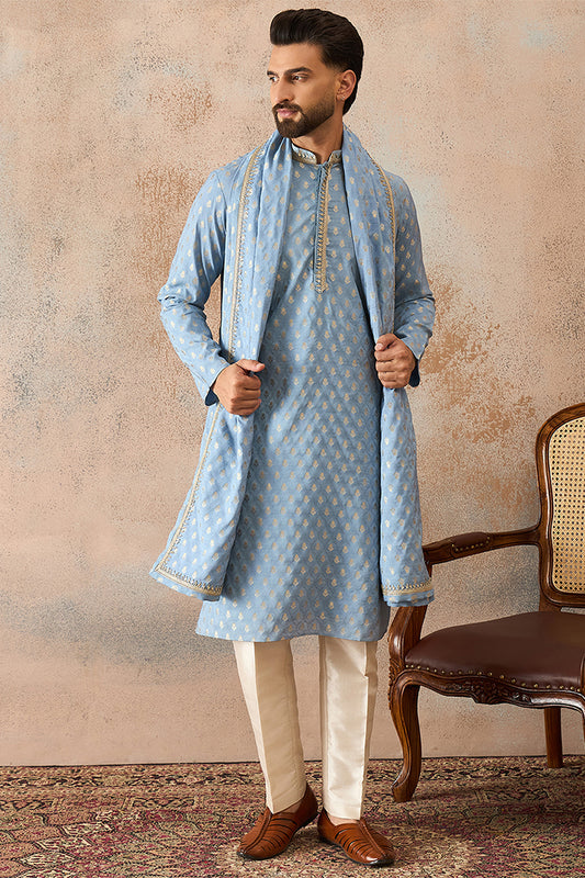 Ethnic Bay Men Blue Jacquard Woven Design Floral Straight Kurta with Dupatta MKUD1019