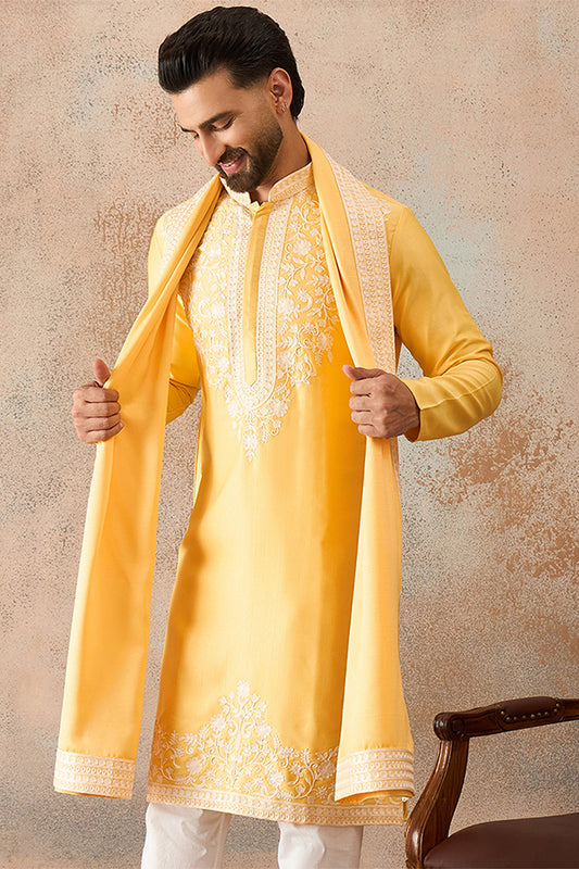 Ethnic Bay Men Yellow Silk Blend Woven Design Floral Straight Kurta Sets MKPD1037