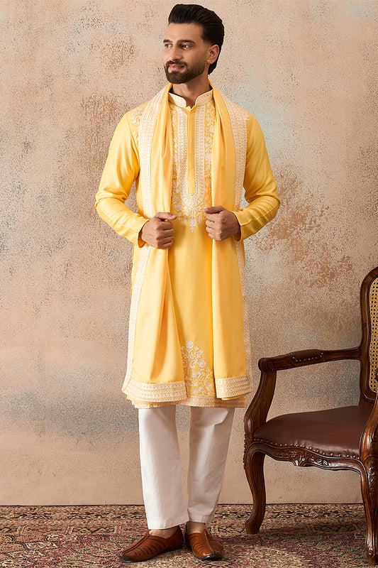Ethnic Bay Men Yellow Silk Blend Woven Design Floral Straight Kurta with Dupatta MKUD1037