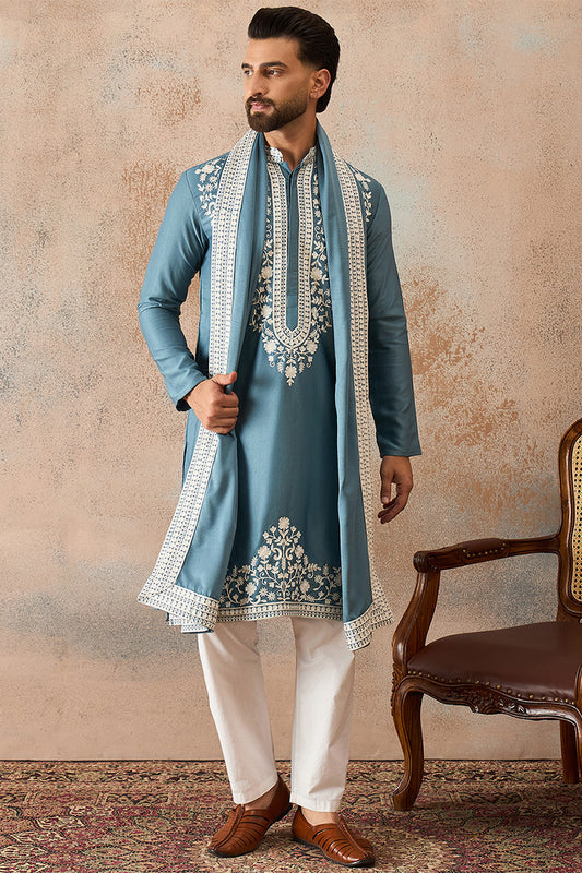 Ethnic Bay Men Blue Silk Blend Woven Design Floral Straight Kurta with Dupatta MKUD1039