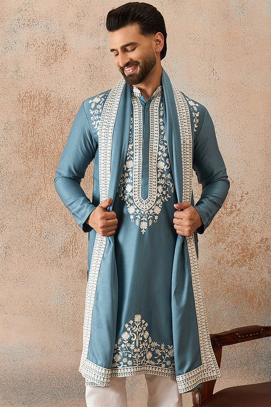 Ethnic Bay Men Blue Silk Blend Woven Design Floral Straight Kurta with Dupatta MKUD1039