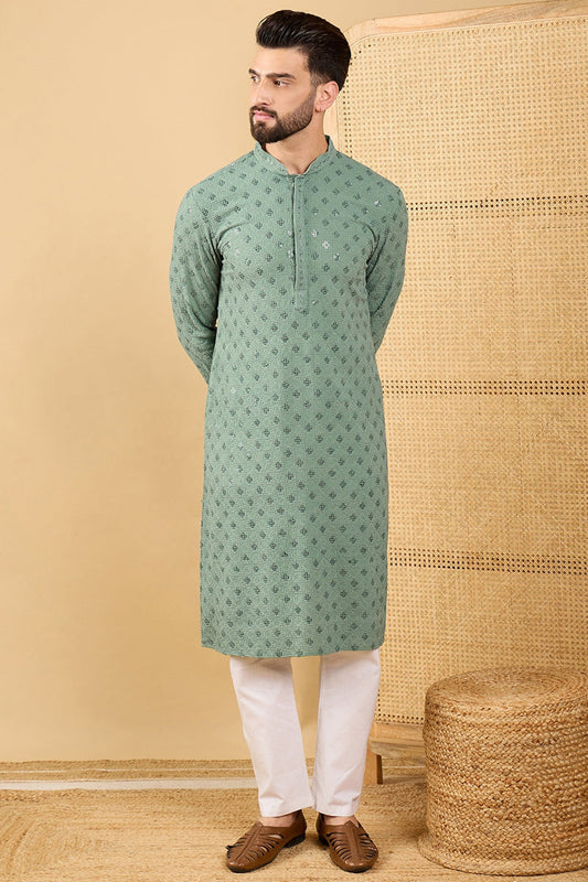 Green Viscose Rayon Solid Embroidered Straight Kurta with Trousers MKSET1050
