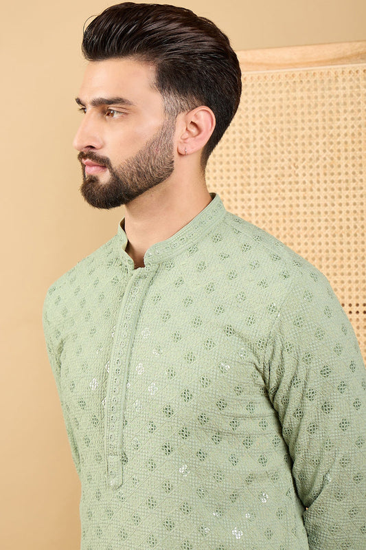 Green Viscose Rayon Solid Embroidered Straight Kurta with Trouser MKU1053