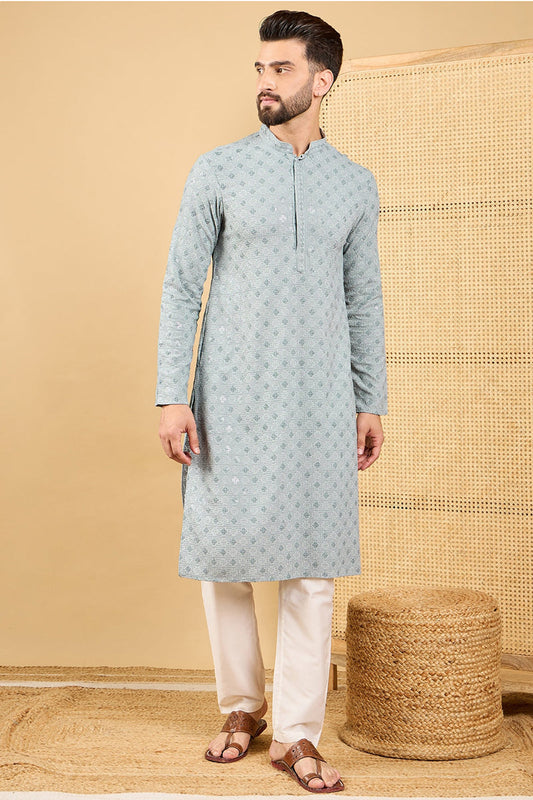 Grey Viscose Rayon Solid Embroidered Straight Kurta with Trouser MKSET1054