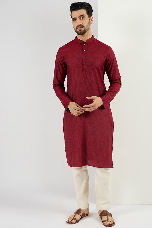 Maroon Pure Cotton Solid Woven Design Straight Kurta with Trousers MKSET1096