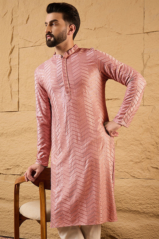 Peach Viscose Rayon Solid Embroidered Straight Kurta with Trousers MKSET1104
