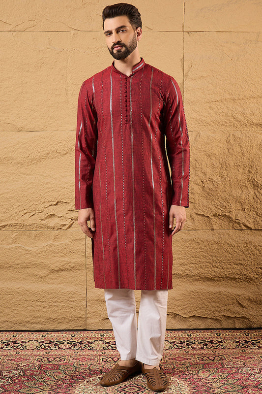 Maroon Pure Cotton Solid Embroidered Straight Kurta with Trousers MKSET1124