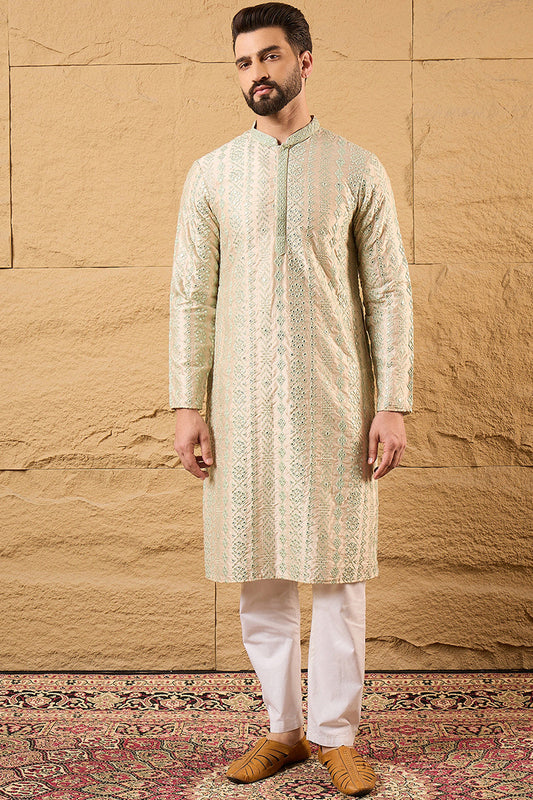 Off White Silk Blend Solid Embroidered Straight Kurta with Trouser MKSET1127