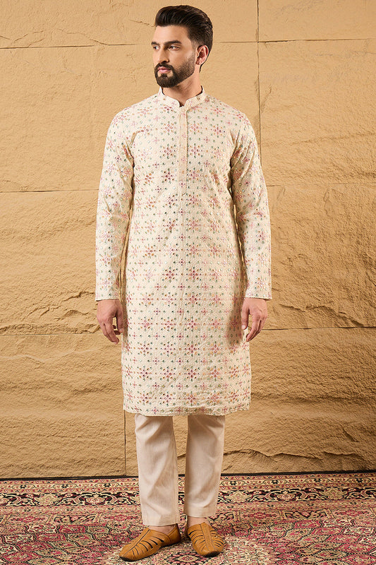 Off White Silk Blend Solid Embroidered Straight Kurta with Trouser MKSET1130