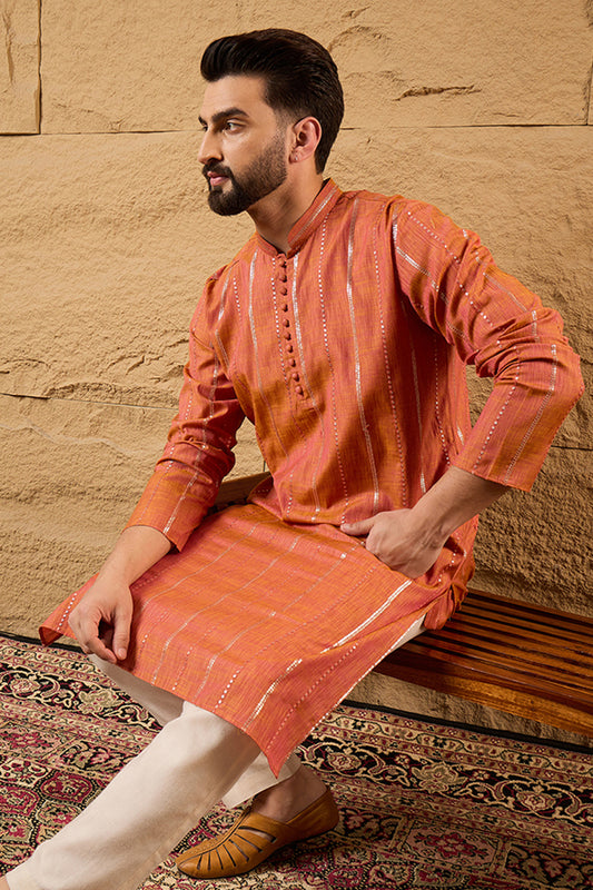 Orange Pure Cotton Solid Embroidered Straight Kurta with Trouser MKSET1196