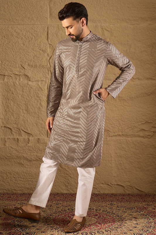 Grey Viscose Rayon Solid Embroidered Straight Kurta with Trousers MKSET1202
