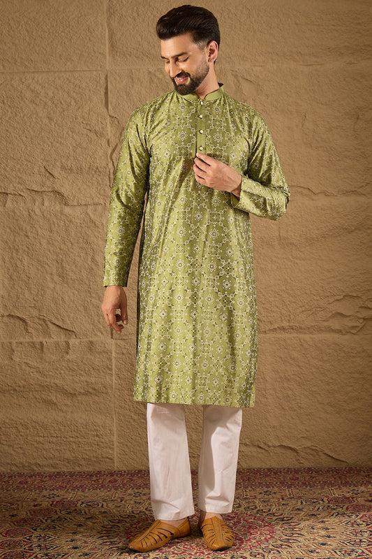 Green Pure Silk Geometric Printed Straight Kurta with Trouser MKSET1285