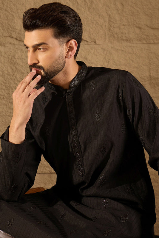 Black Viscose Rayon Solid Embroidered Straight Kurta with Trouser MKSET1294
