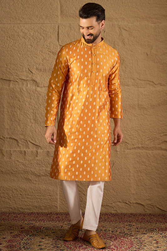 Yellow Silk Blend Abstract Printed Straight Kurta with Trouser MKSET1298