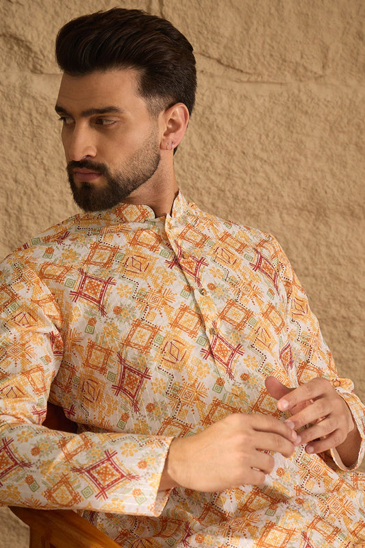White Silk Blend Geometric Embroidered Straight Kurta with Trouser MKSET1310