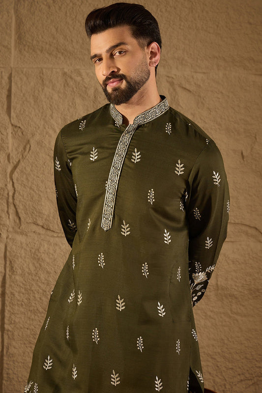 Olive Chanderi Silk Solid Embroidered Straight Kurta with Trouser MKSET1319