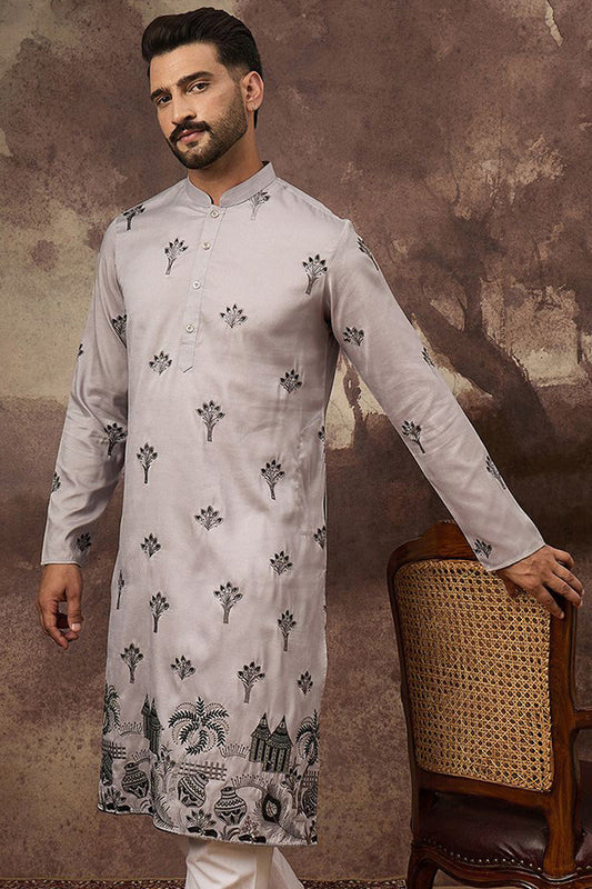 Grey Silk Blend Solid Embroidered Straight Kurta and Trouser MKSET1326