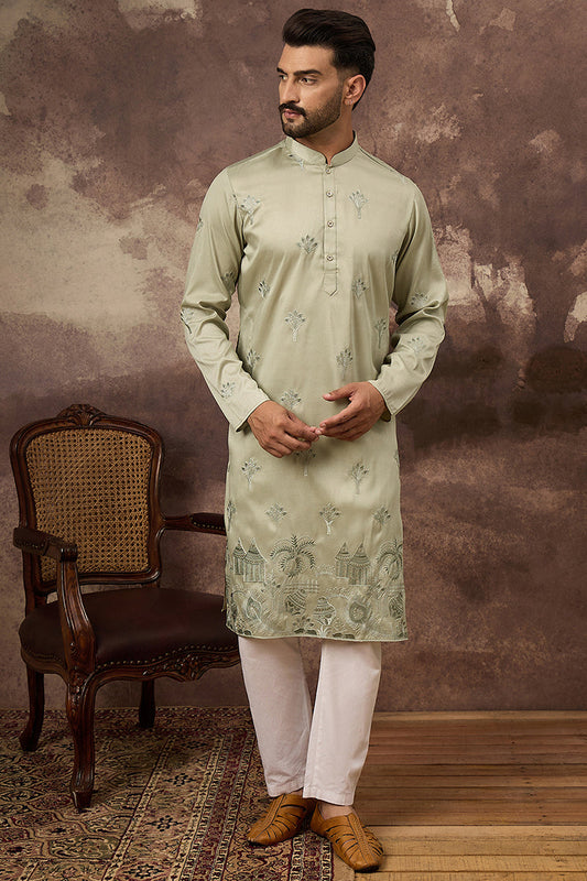 Green Silk Blend Solid Embroidered Straight Kurta and Trouser MKSET1330