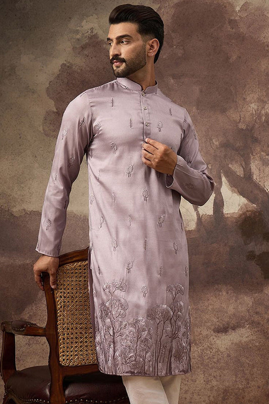 Lavender Silk Blend Solid Embroidered Straight Kurta and Trouser MKSET1333