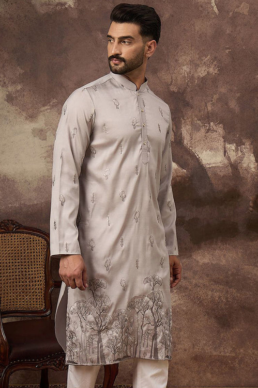 Grey Silk Blend Solid Embroidered Straight Kurta and Trouser MKSET1335