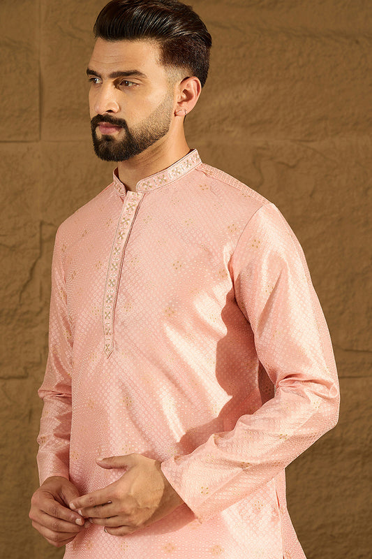 Peach Polyester Solid Embroidered Straight Kurta with Trouser MKSET1351