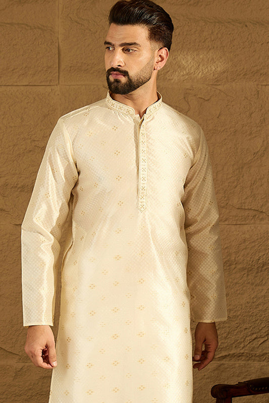 Off White Silk Blend Solid Woven Design Straight Kurta with Trouser MKSET1352