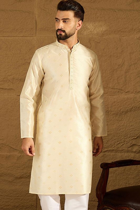 Off White Silk Blend Solid Woven Design Straight Kurta with Trouser MKSET1352