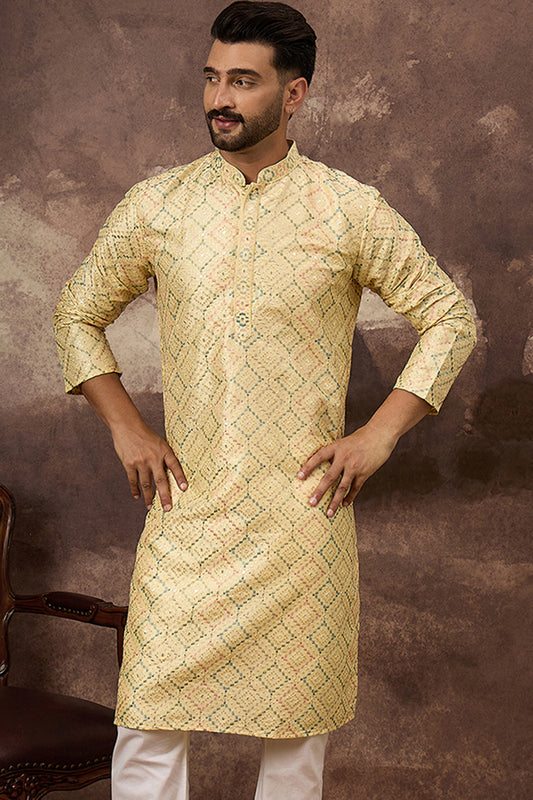 Yellow Silk Blend Solid Embroidered Straight Kurta With Pant Set MKSET1383