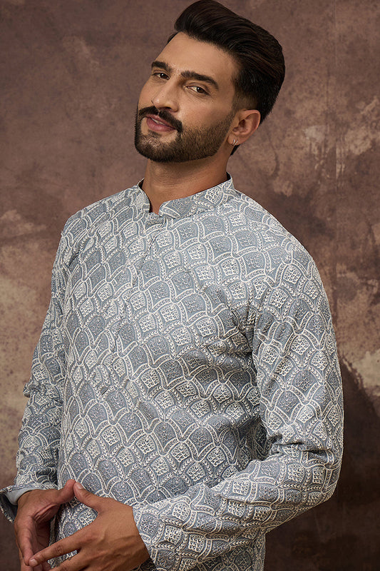 Blue Viscose Rayon Solid Embroidered Straight Kurta with Trouser