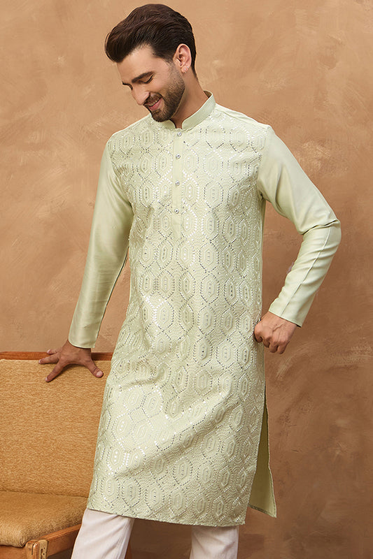 Peach Silk Blend Solid Embroidered Straight Kurta With Pant Set MKSET1445
