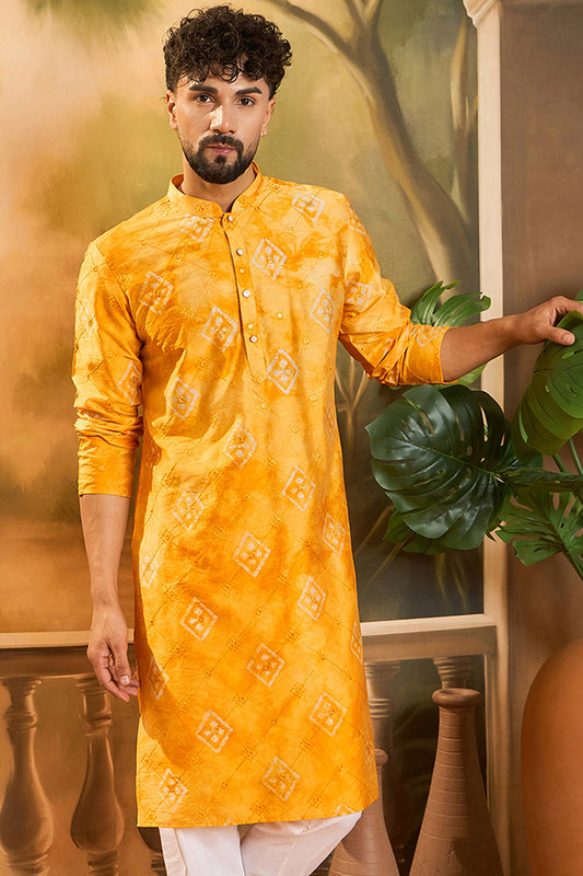 Orange Silk Blend Batik Embroidered Straight Kurta with Trouser MKSET1466