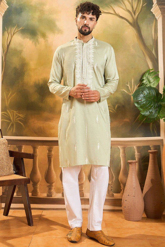 Green Silk Blend Solid Embroidered Straight Kurta with Trouser MKSET1492