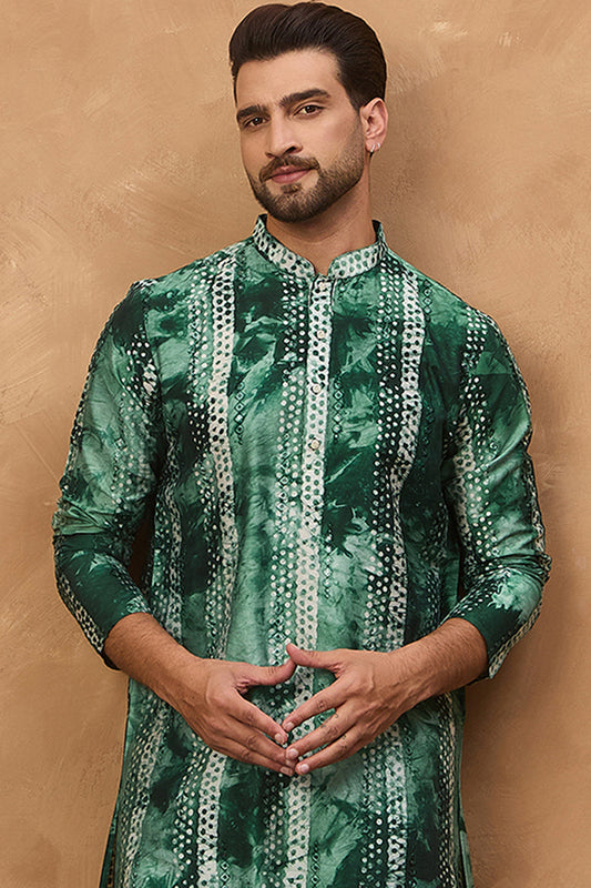 Green Silk Blend Shibori Embroidered Straight Kurta With Pant Set MKSET1538