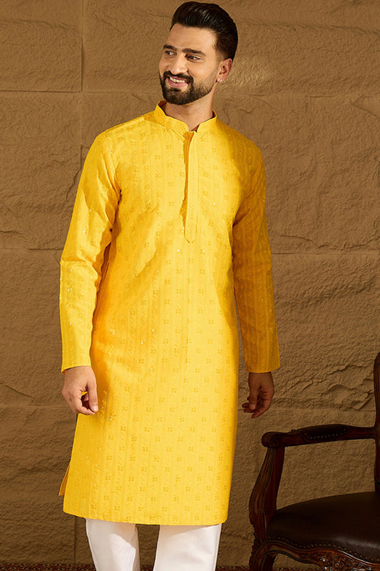 Yellow Viscose Rayon Solid Embroidered Straight Kurta with Trouser MKSET1552